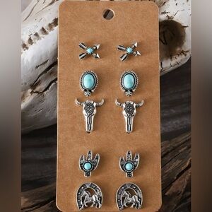 NEW Earrings, Vintage Silvery Look, Western, Faux Turquoise, 5 Sets of Earrings